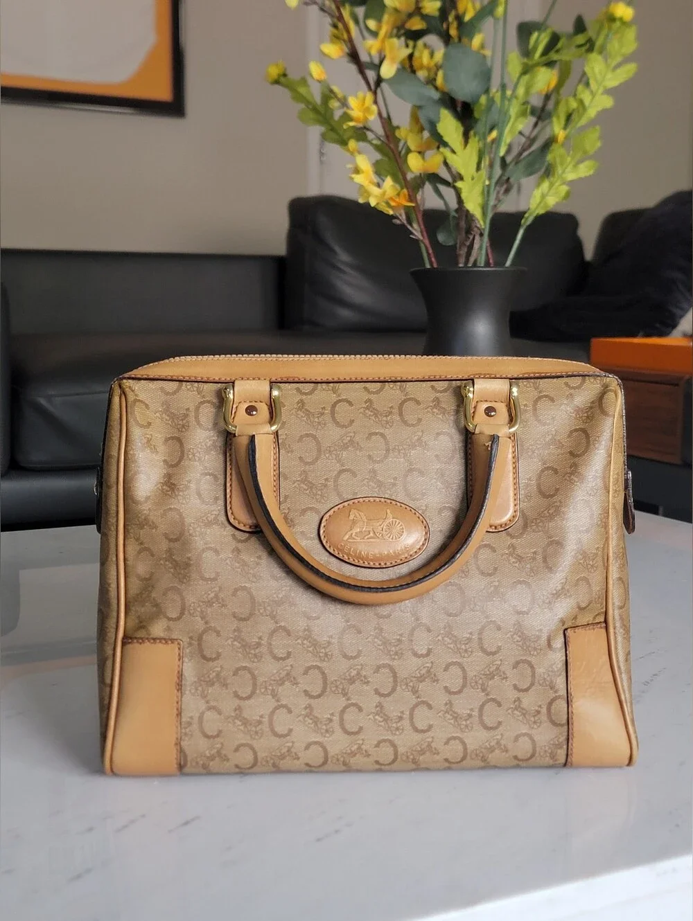 CELINE C Sulky Boston Bag Brown Tan Vintage Coated Canvas Leather
